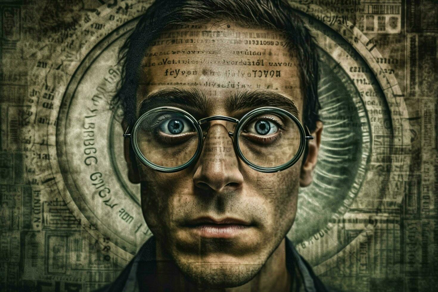 a man wearing glasses with the word eye on it photo