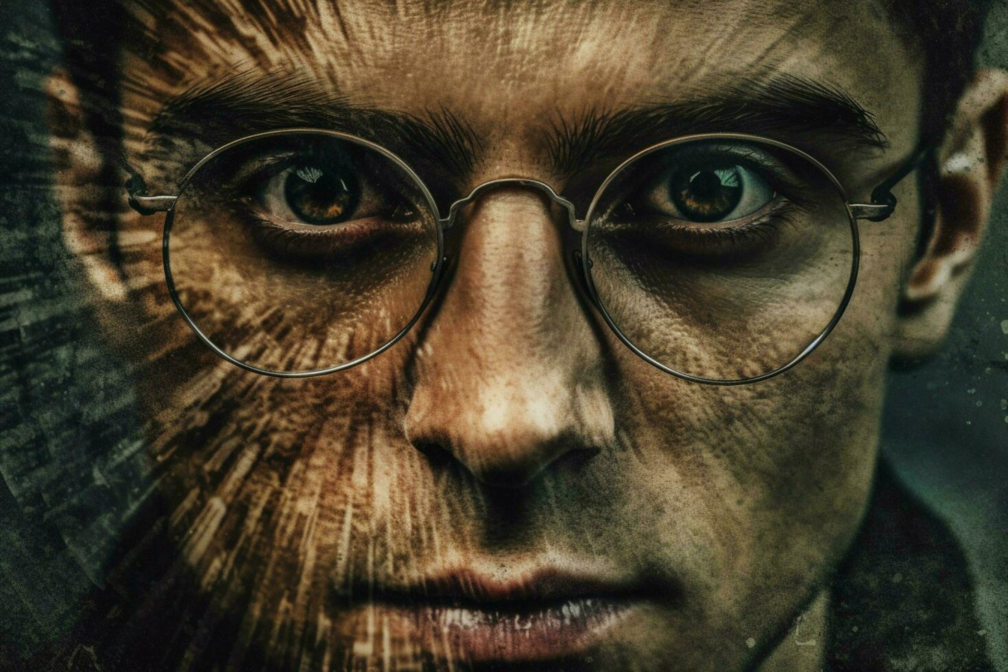 a man wearing glasses with the word eye on it photo