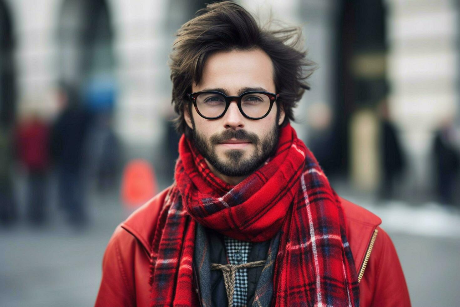 a man wearing red glasses and a red plaid scarf photo