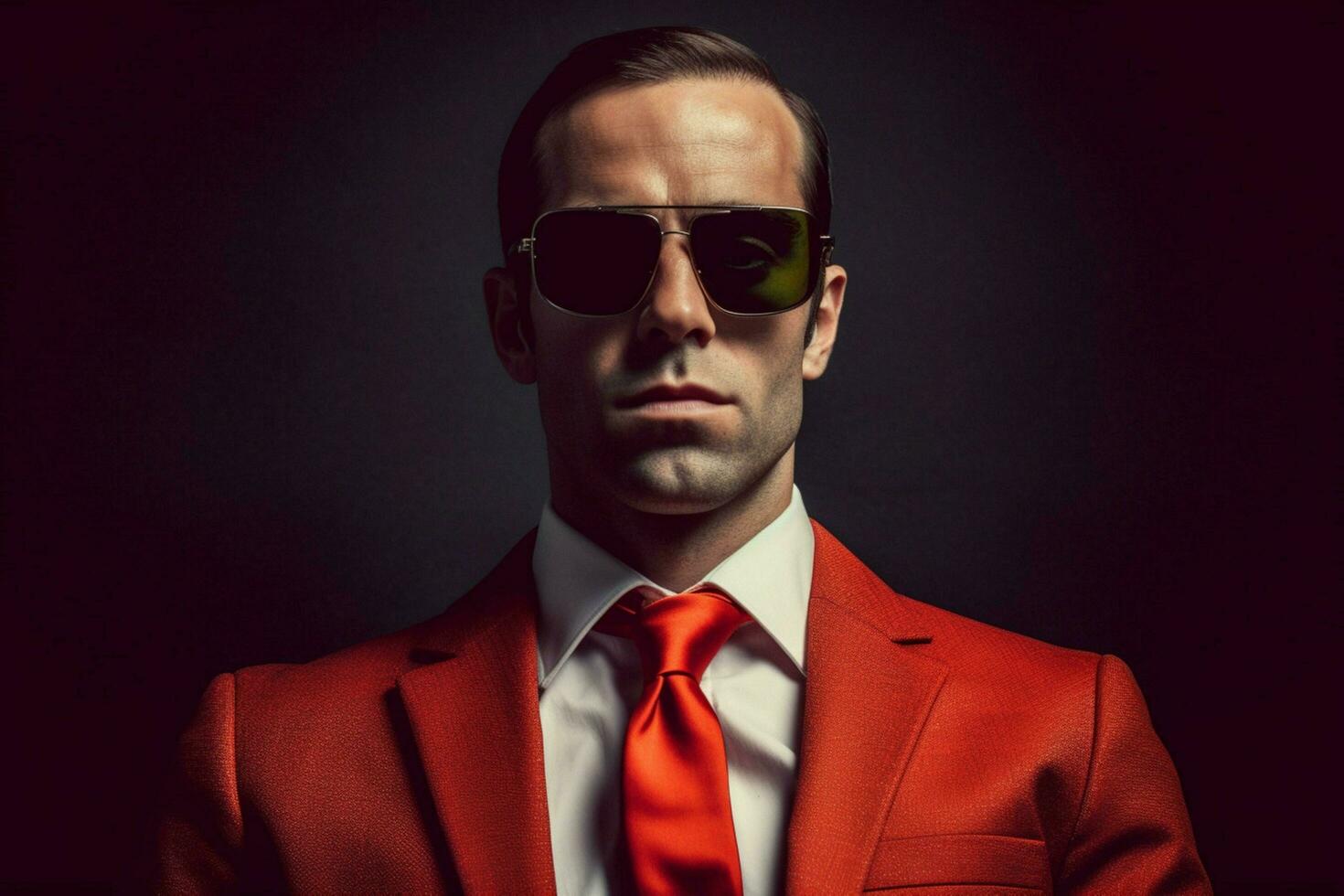 a man wearing sunglasses and a red tie with the w photo