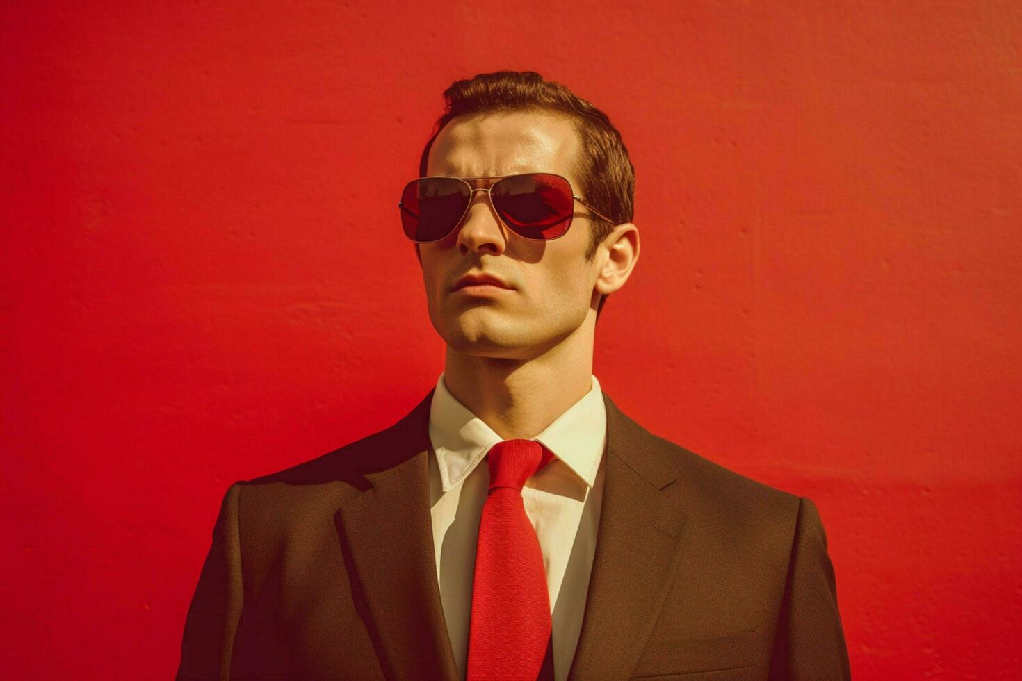 a man wearing sunglasses and a red tie with the w photo