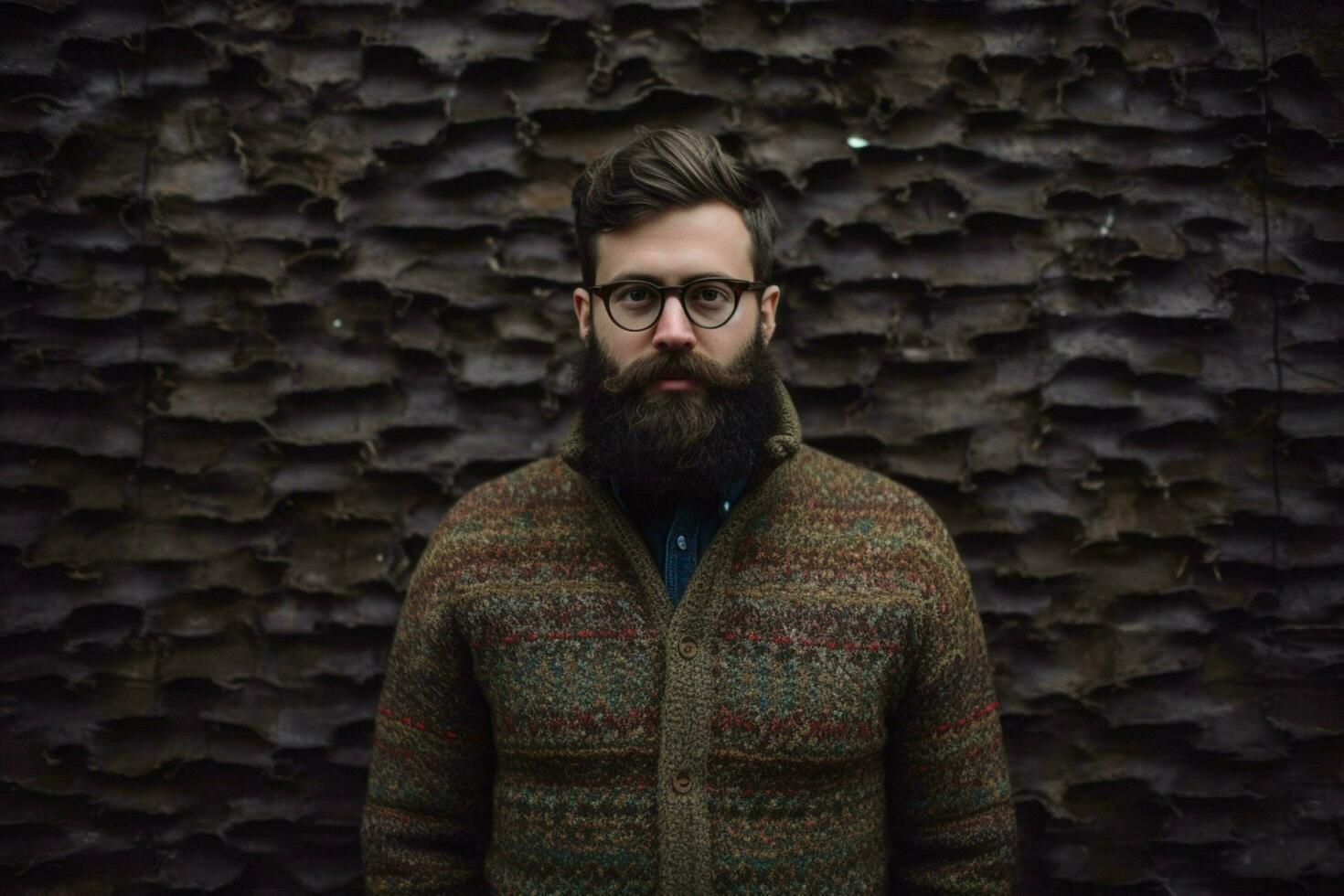 a man with a beard and glasses stands in front of photo