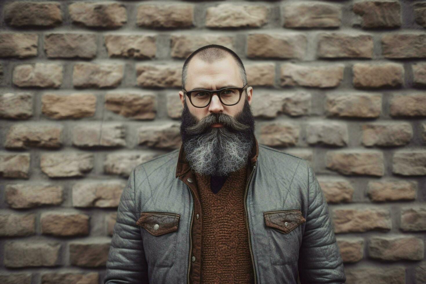 a man with a beard and glasses stands in front of photo