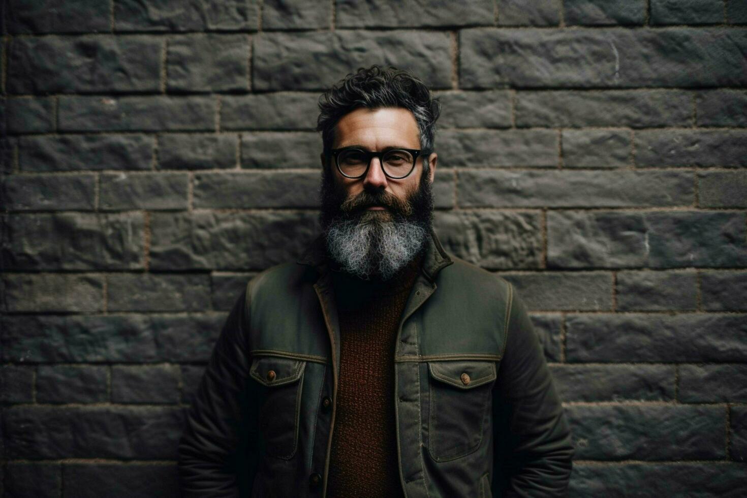 a man with a beard and glasses stands in front of photo