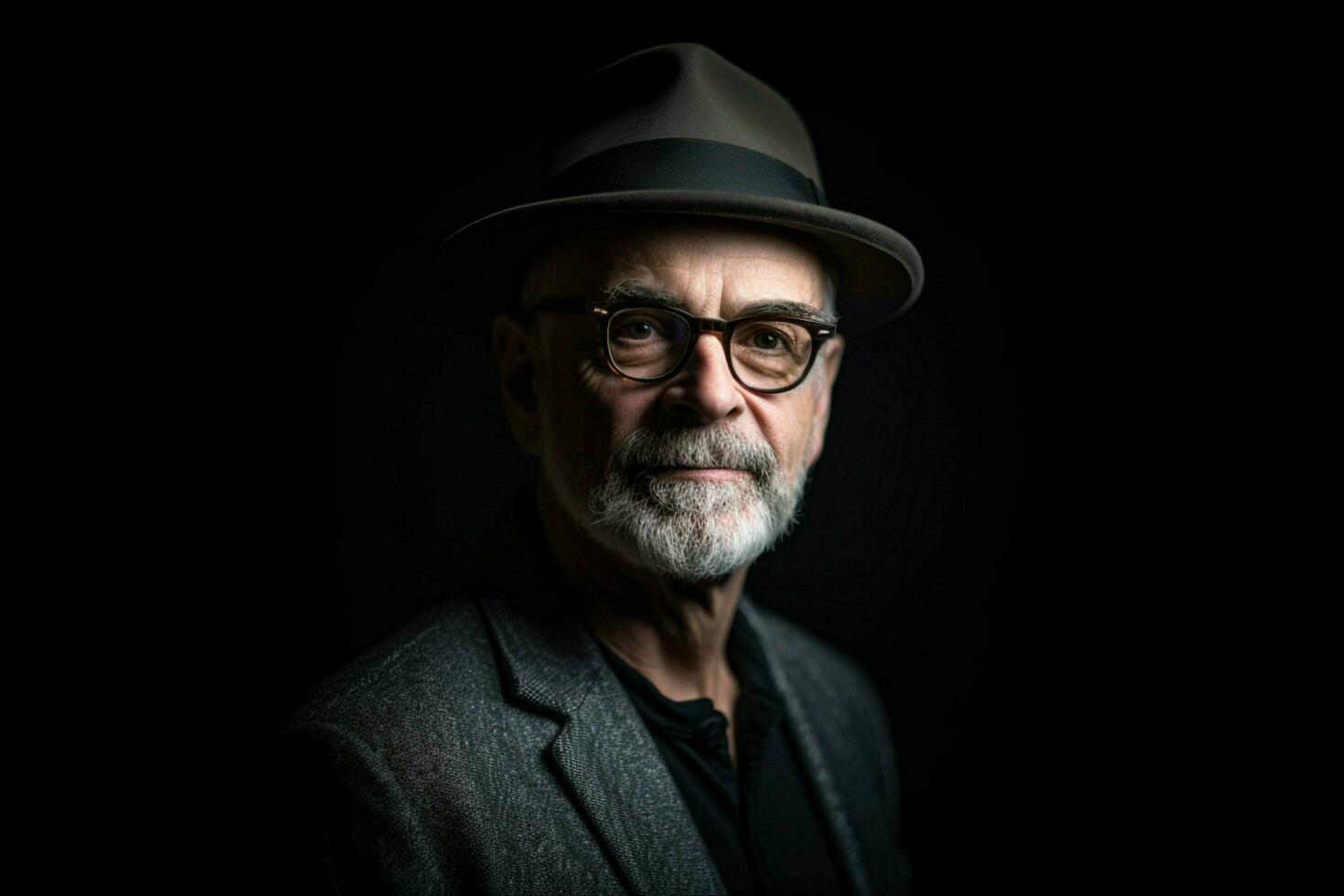 a man with a grey hat and glasses stands in front photo