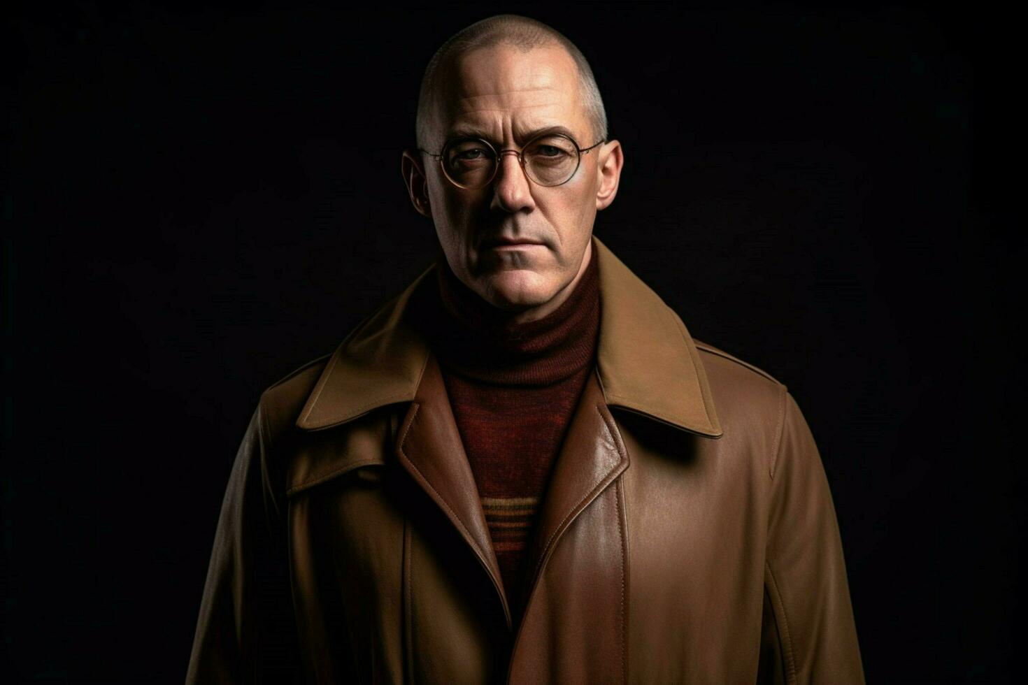 a man with glasses and a brown coat stands in fro photo