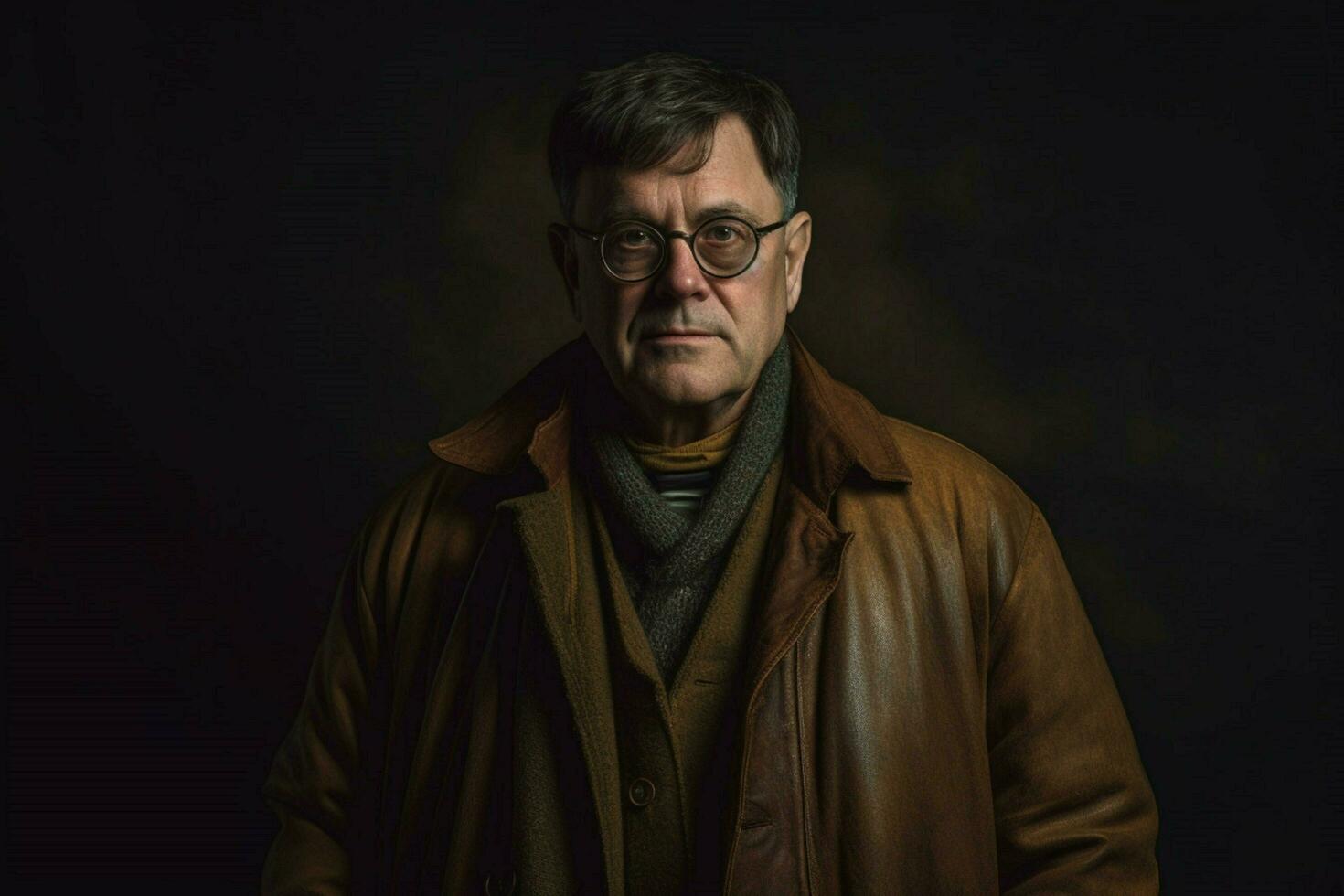 a man with glasses and a brown coat stands in fro photo