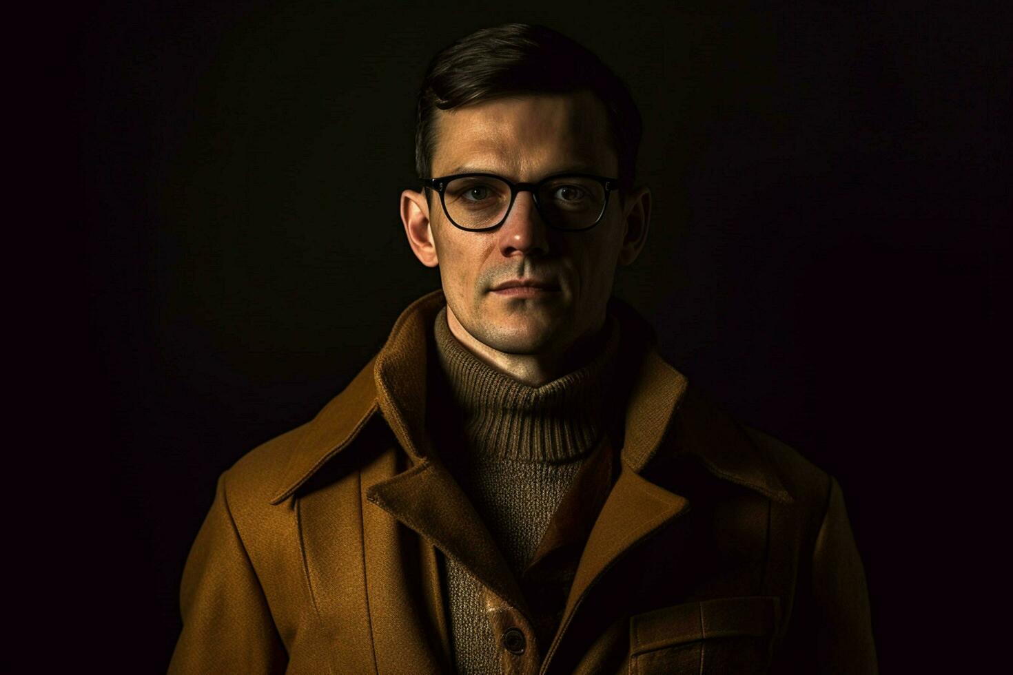 a man with glasses and a brown coat stands in fro photo