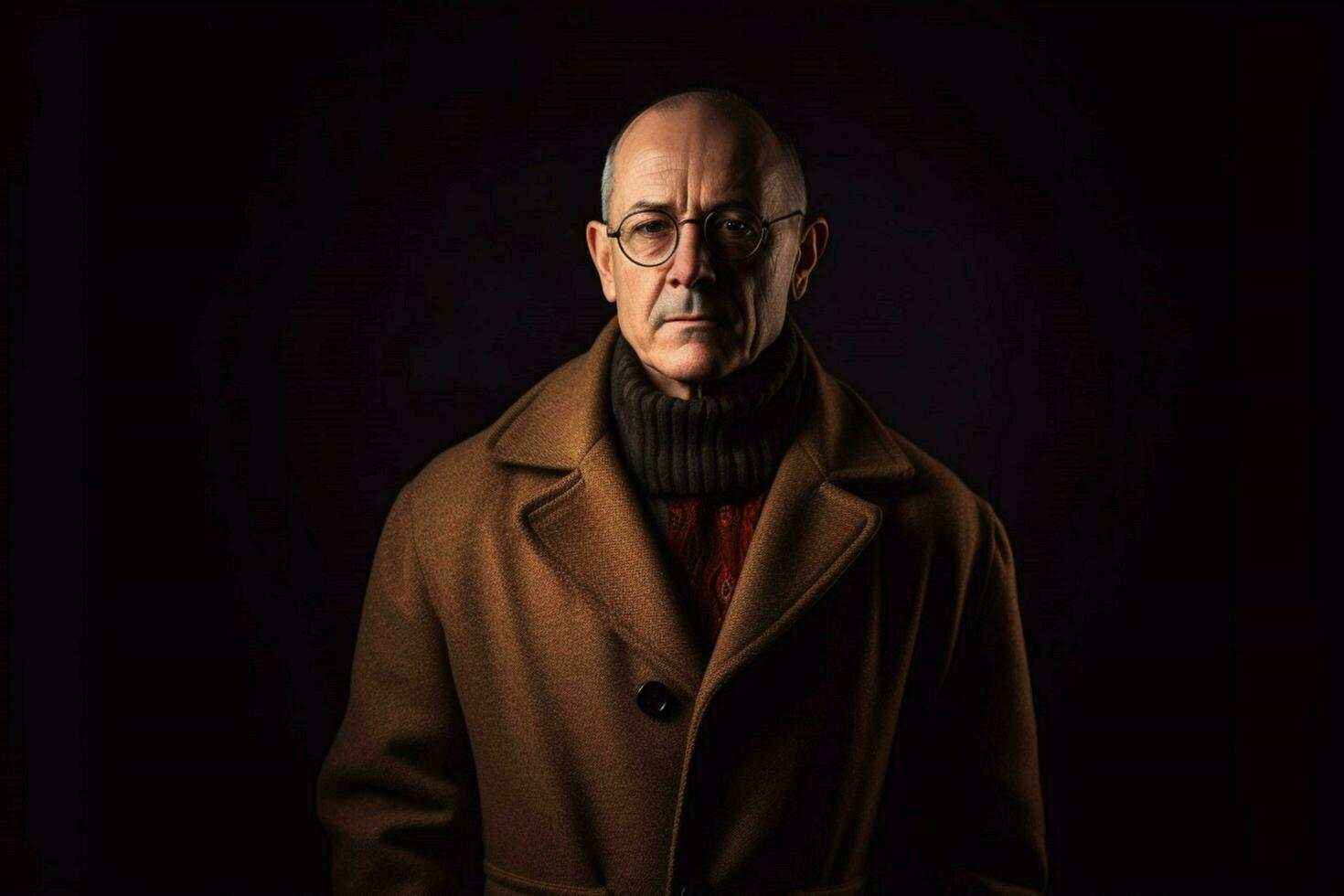 a man with glasses and a brown coat stands in fro photo