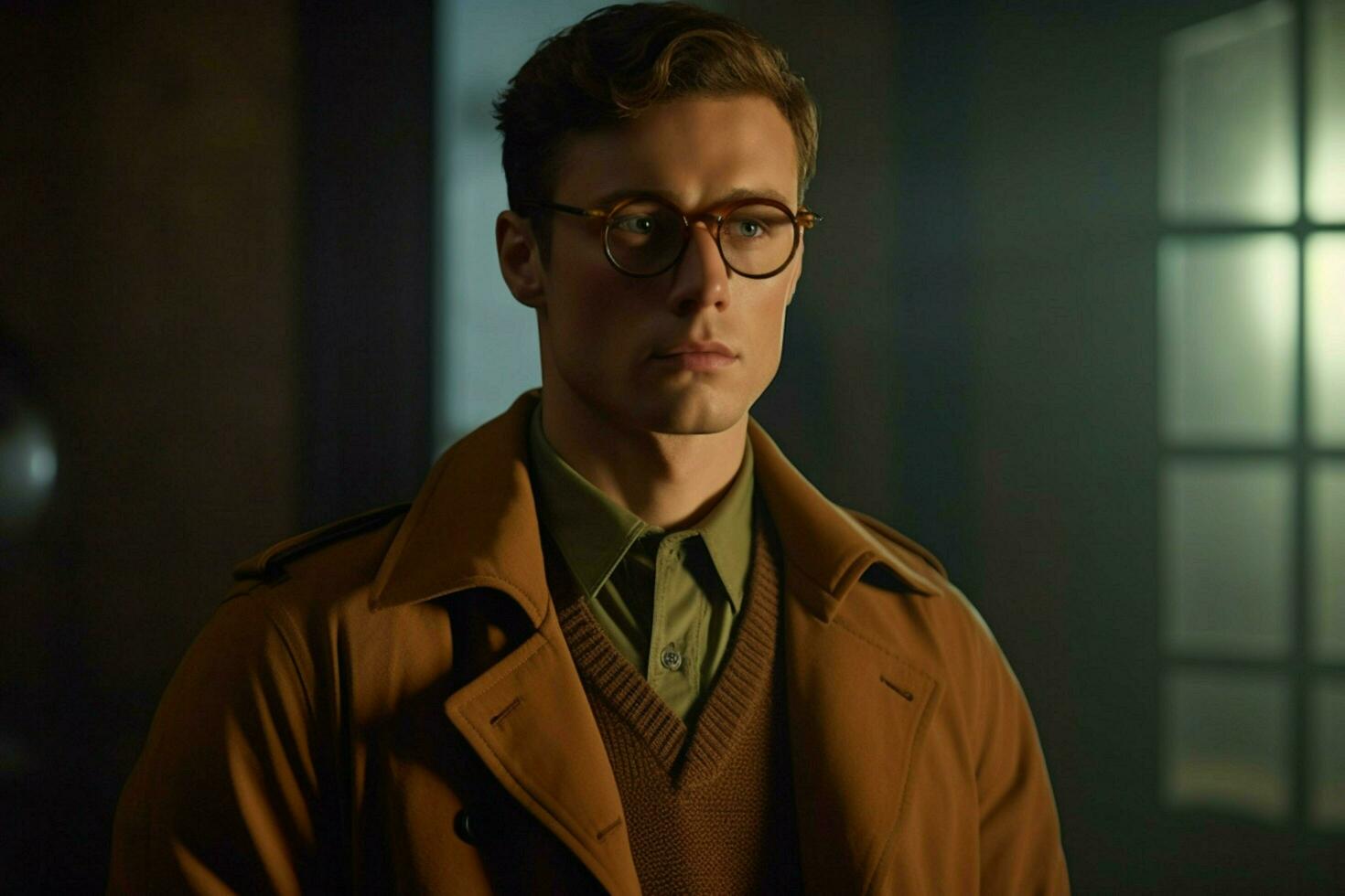 a man with glasses and a brown jacket photo