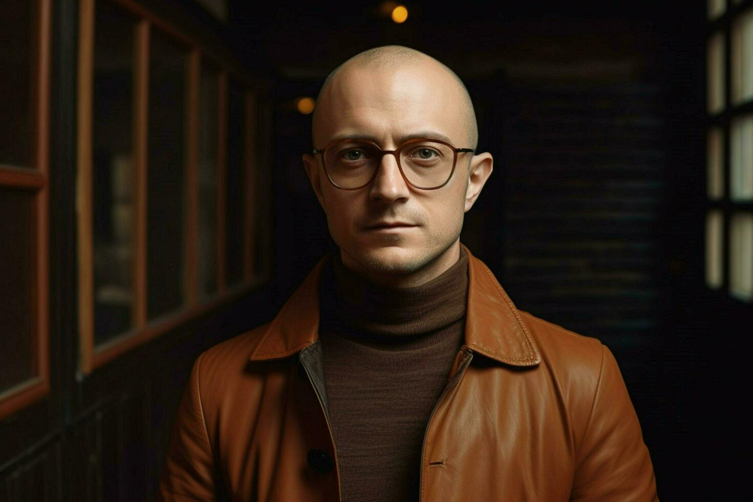 a man with glasses and a brown shirt photo