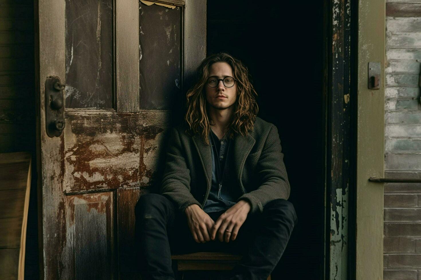 a man with long hair and glasses is sitting in a photo