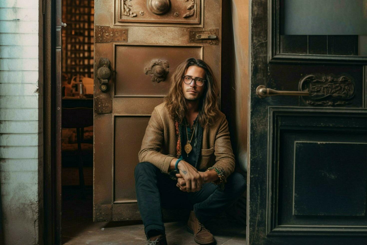 a man with long hair and glasses is sitting in a photo