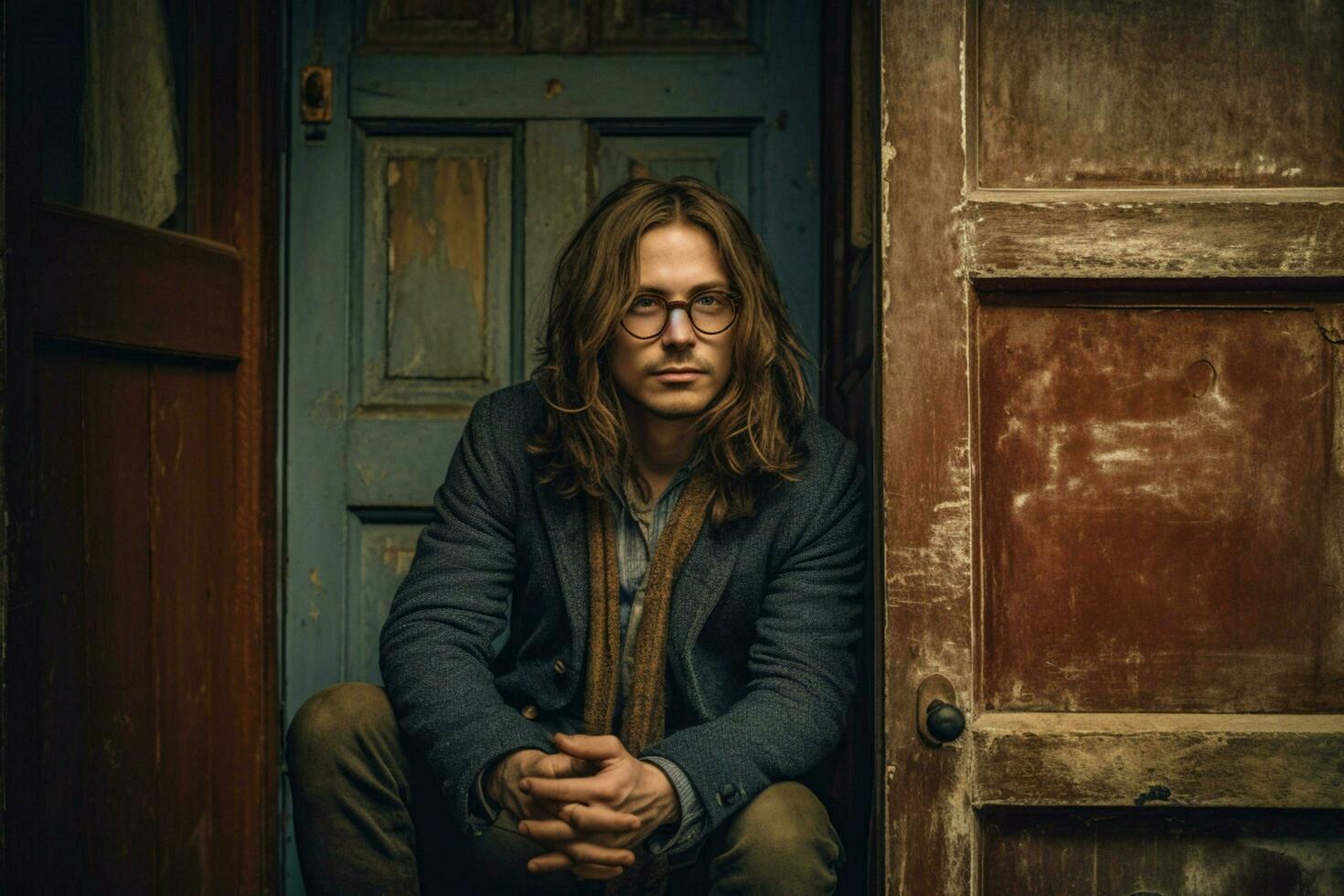 a man with long hair and glasses is sitting in a photo