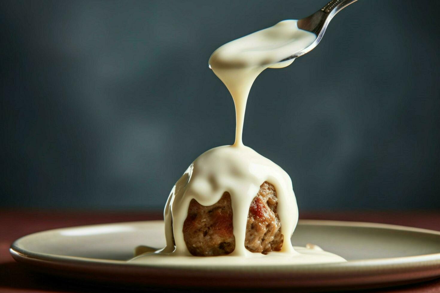 a meatball with a fork stuck into it and a white photo