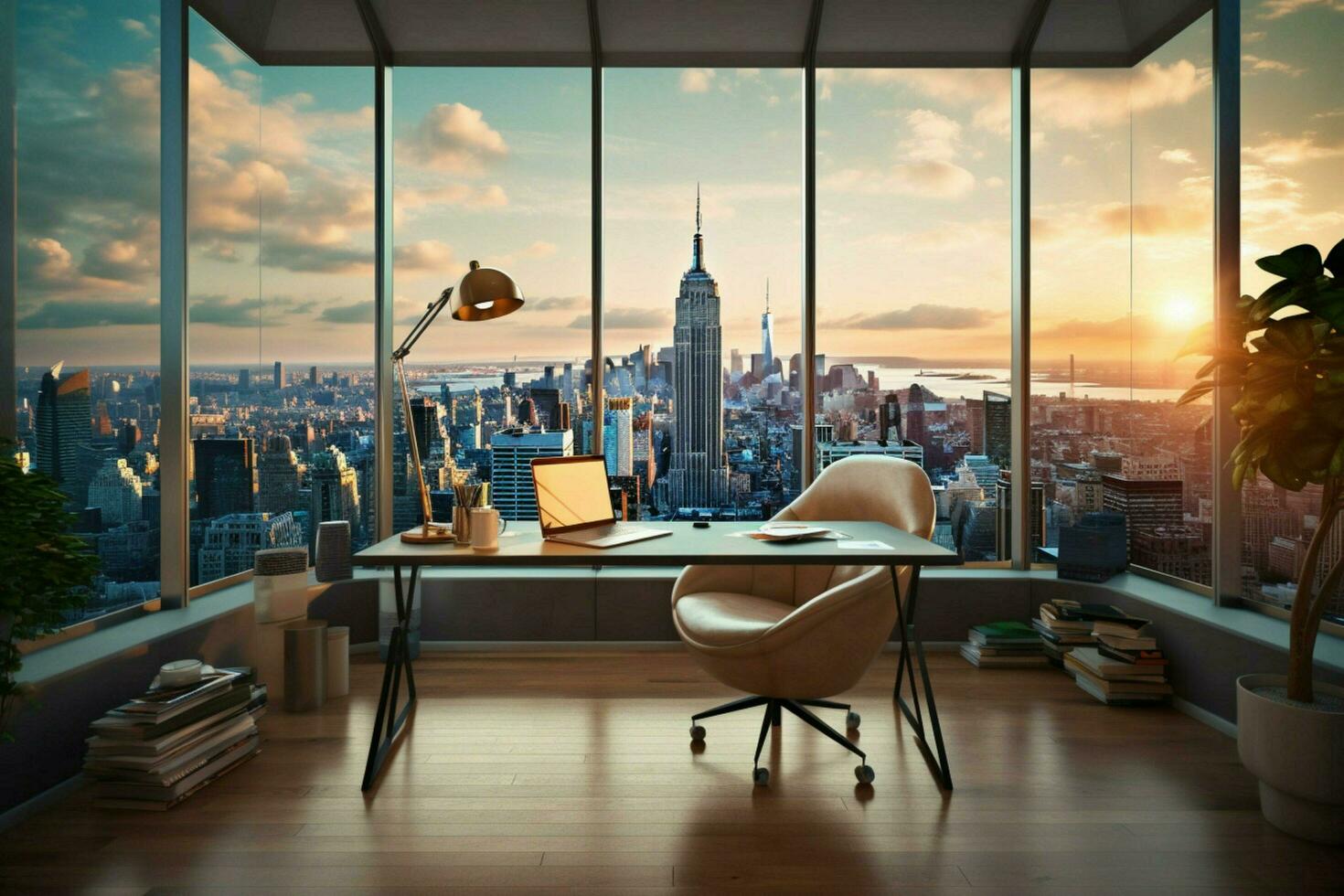 a modern office with a view of a city photo