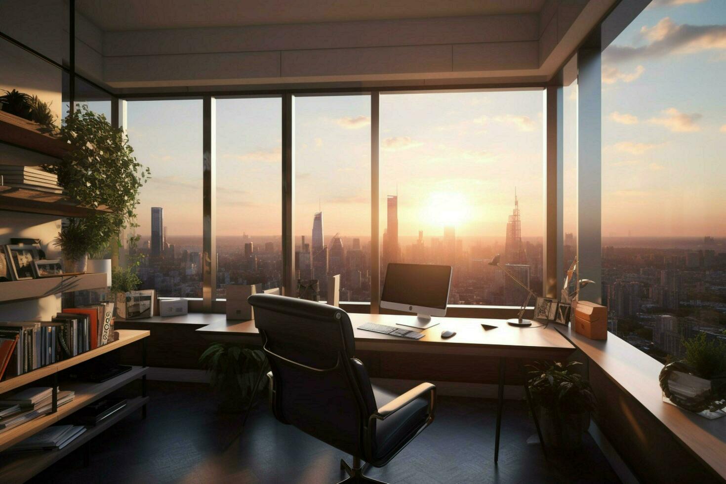 a modern office with a view of a city photo