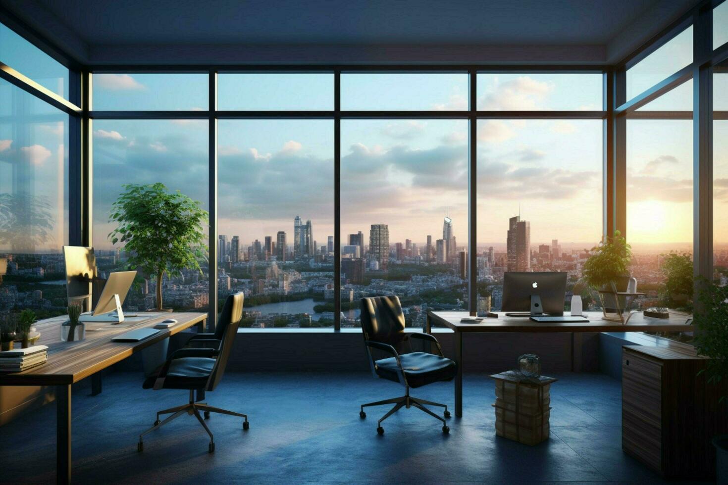 a modern office with a view of a city photo