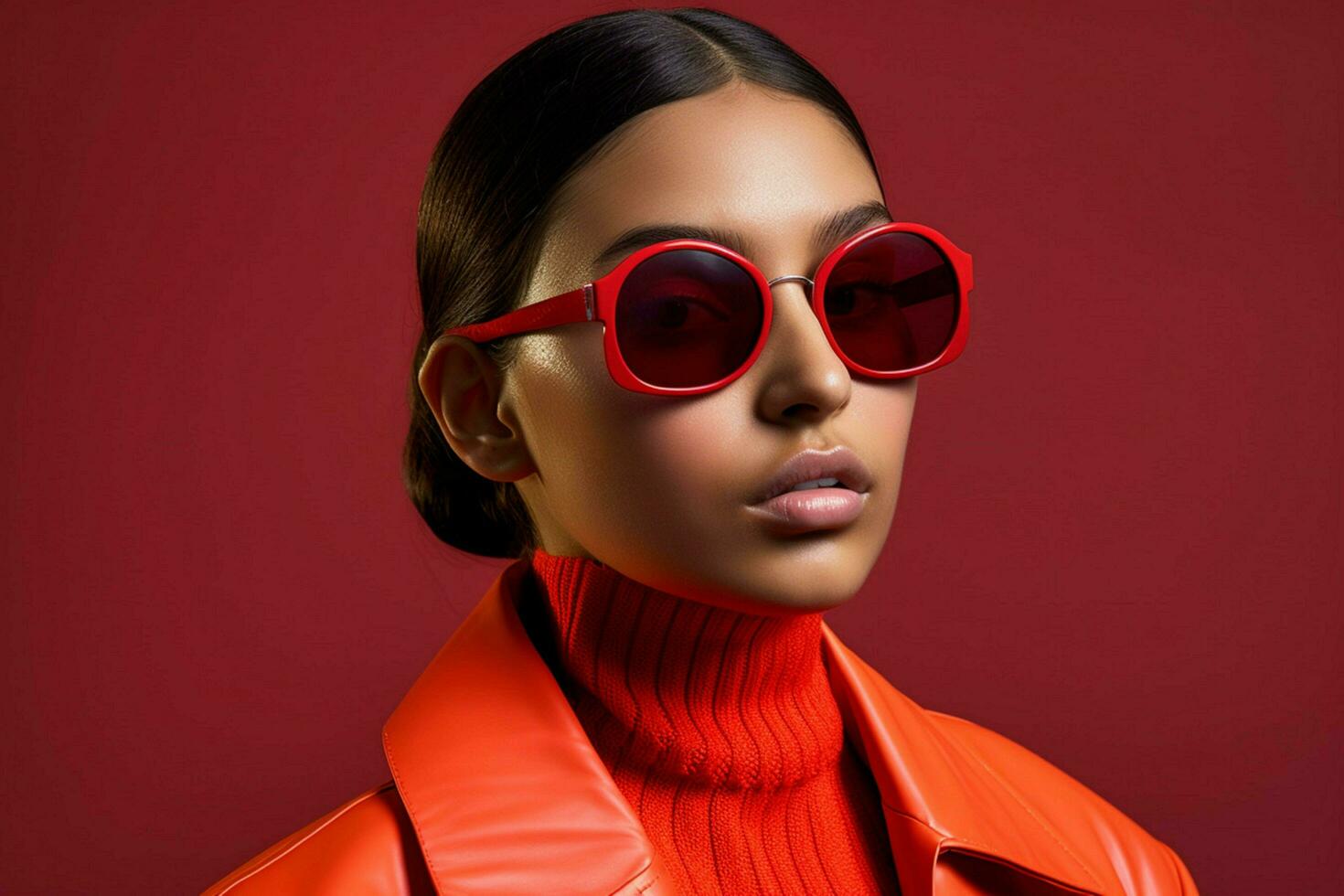 a model wears sunglasses with red frames and a re photo