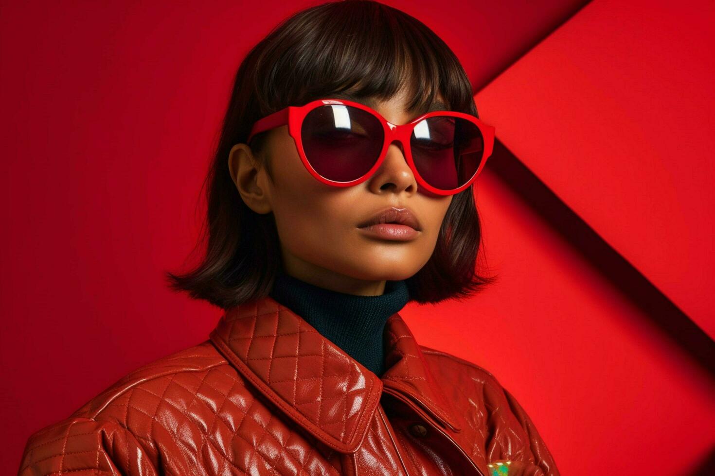 a model wears sunglasses with red frames and a re photo