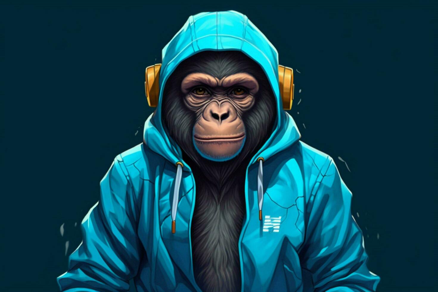 a monkey in a blue jacket with a hoodie and a hoo photo
