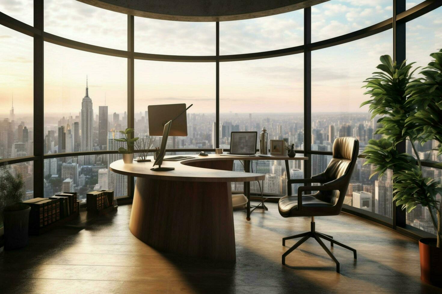 a modern office with a view of a city photo