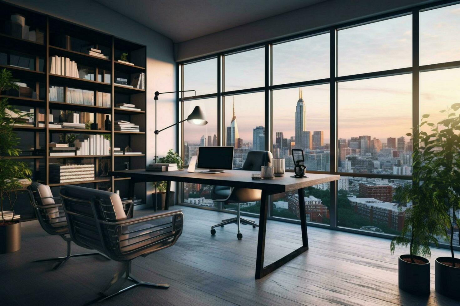 a modern office with a view of a city photo