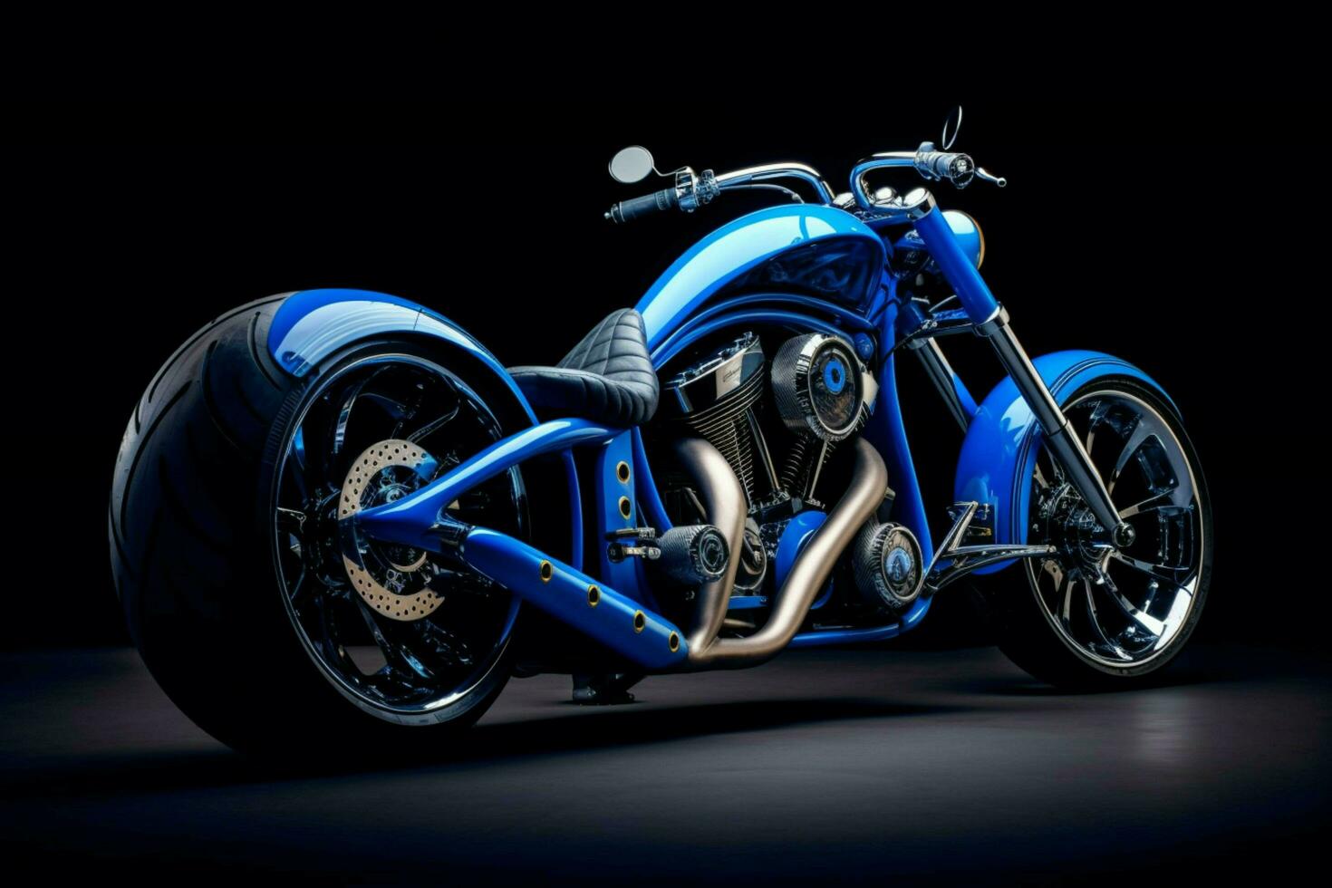 a motorcycle that is blue and black with the word photo