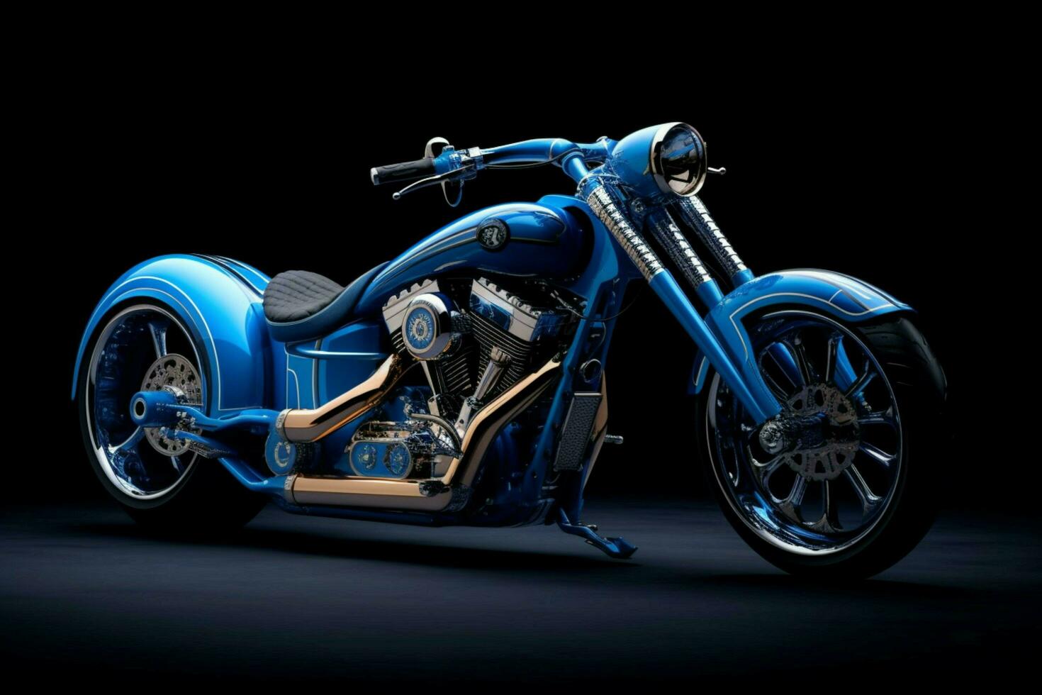 a motorcycle that is blue and black with the word photo