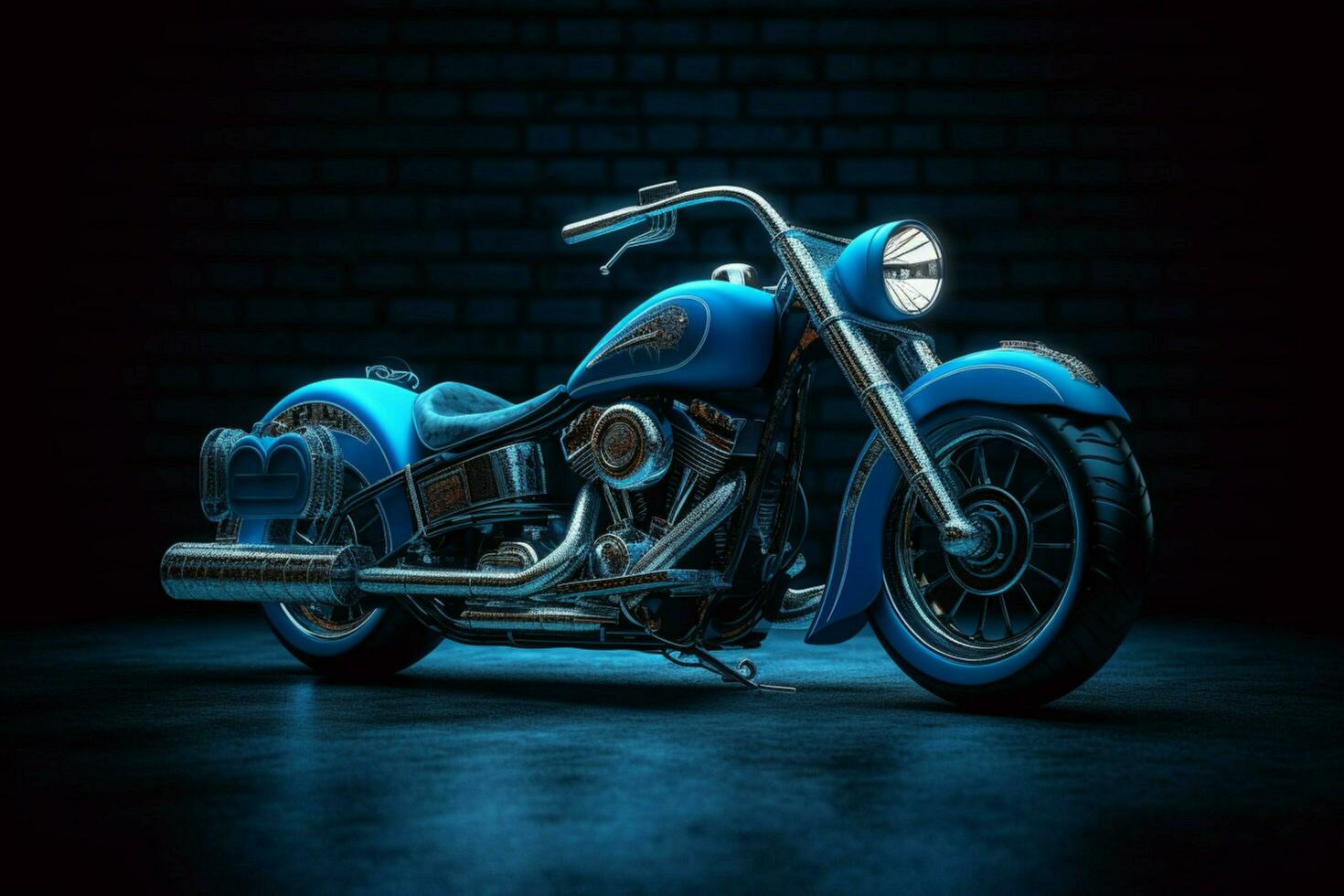 a motorcycle that is blue and black with the word photo