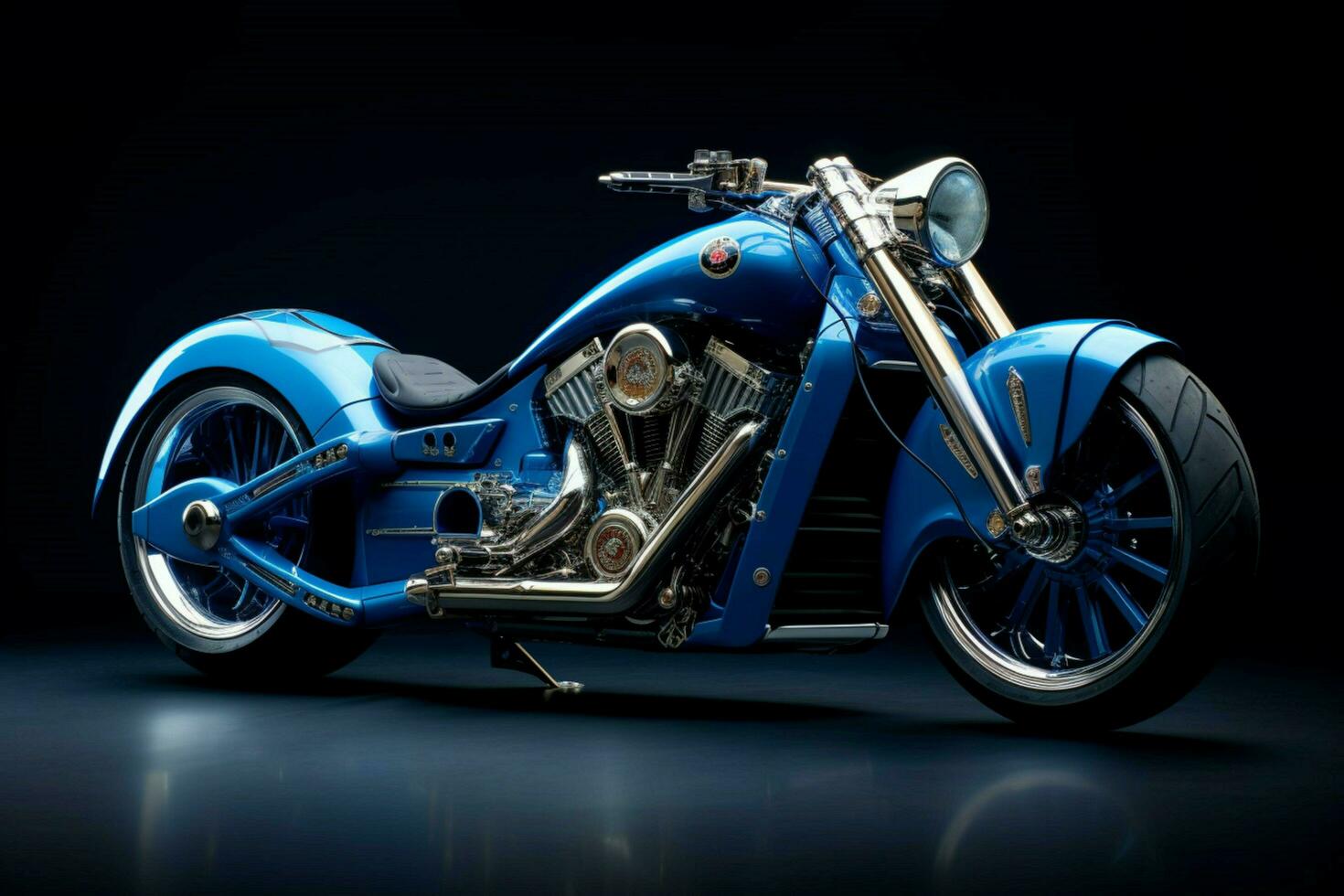 a motorcycle that is blue and black with the word photo