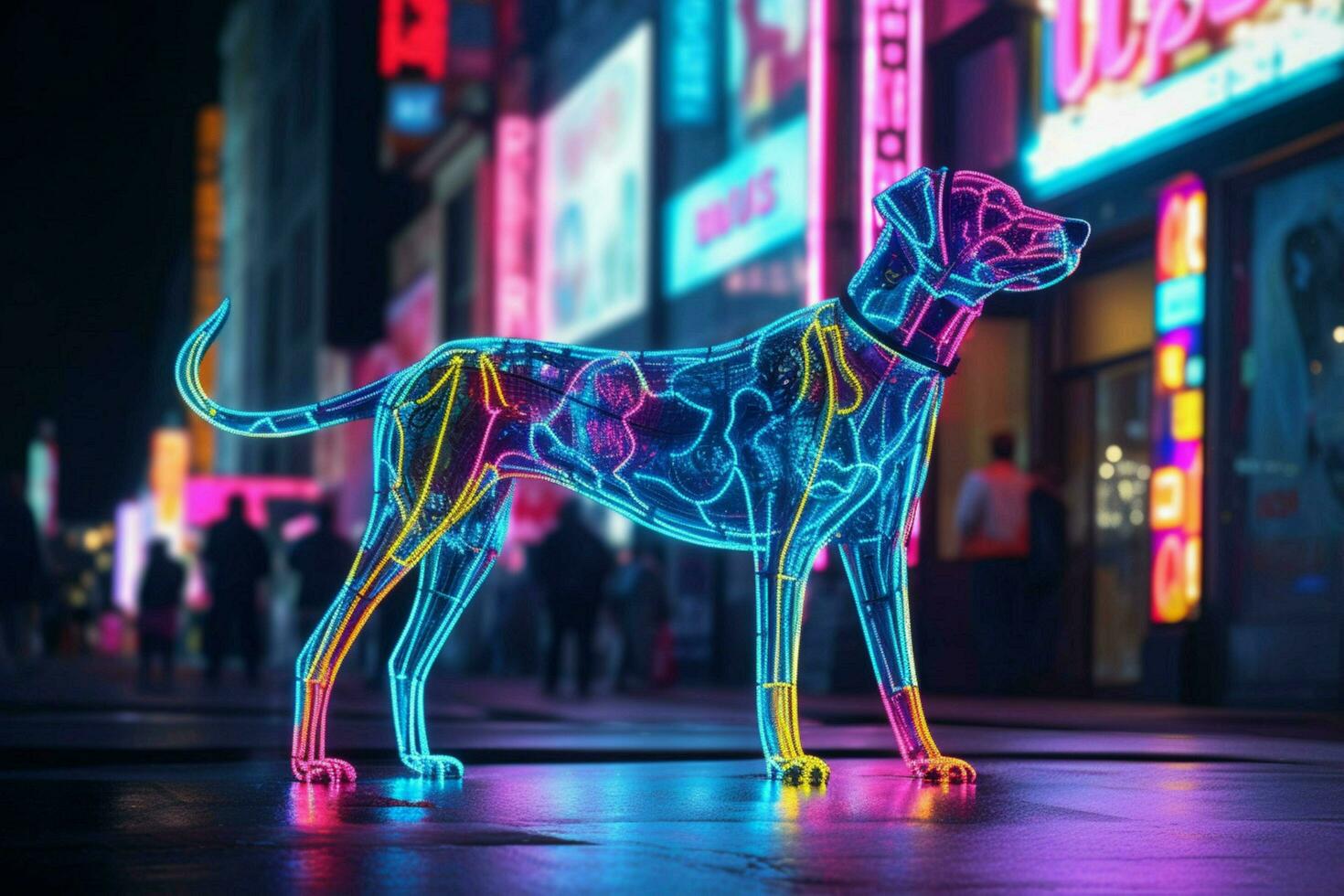 a neon leopard dog in a city photo