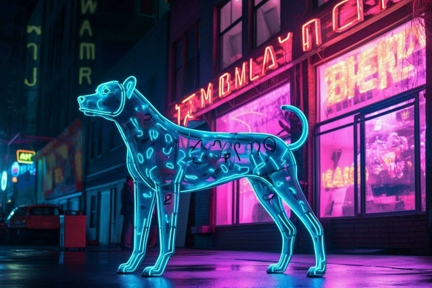 a neon leopard dog in a city photo