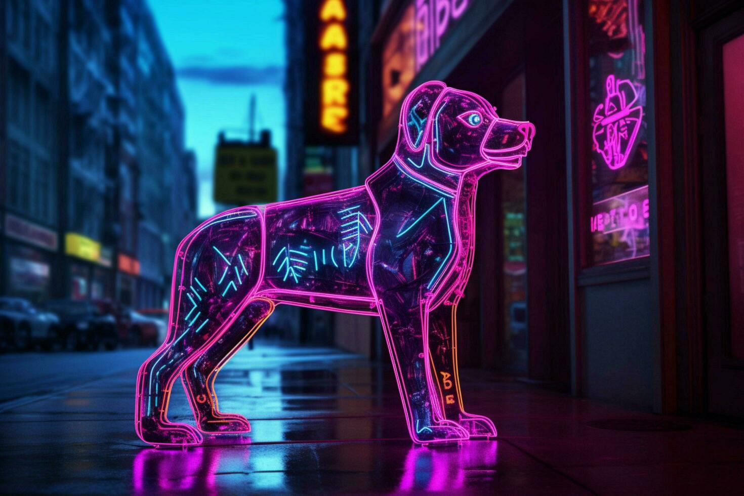 a neon leopard dog in a city photo