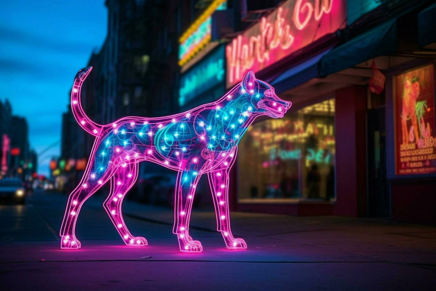 a neon leopard dog in a city photo