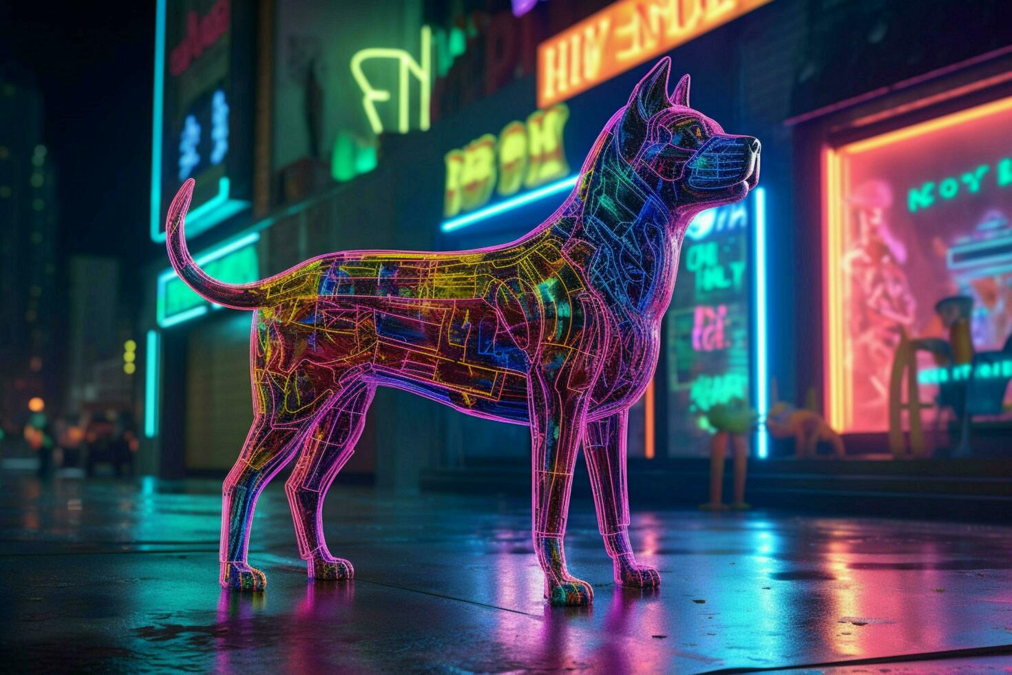 a neon leopard dog in a city photo