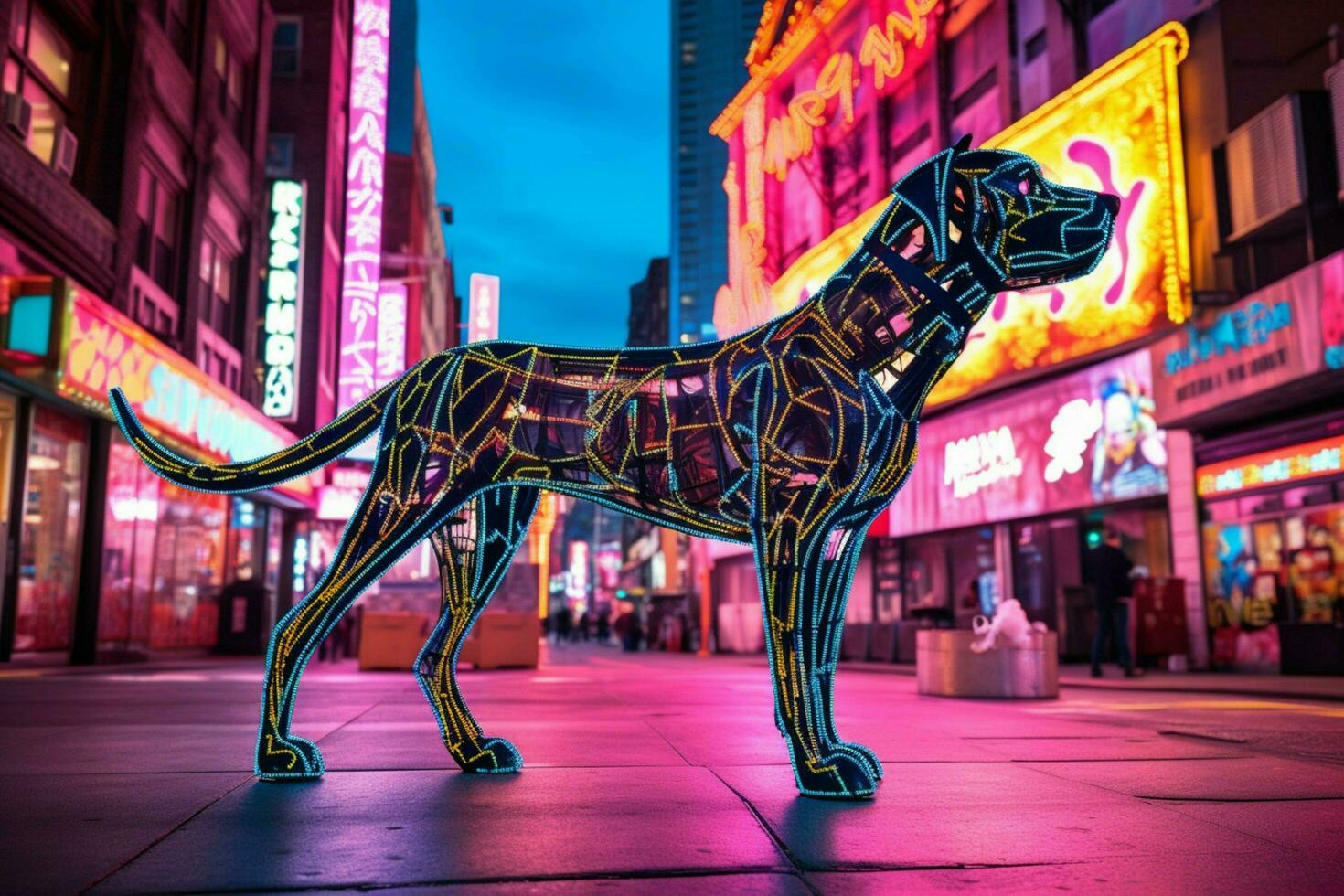 a neon leopard dog in a city photo