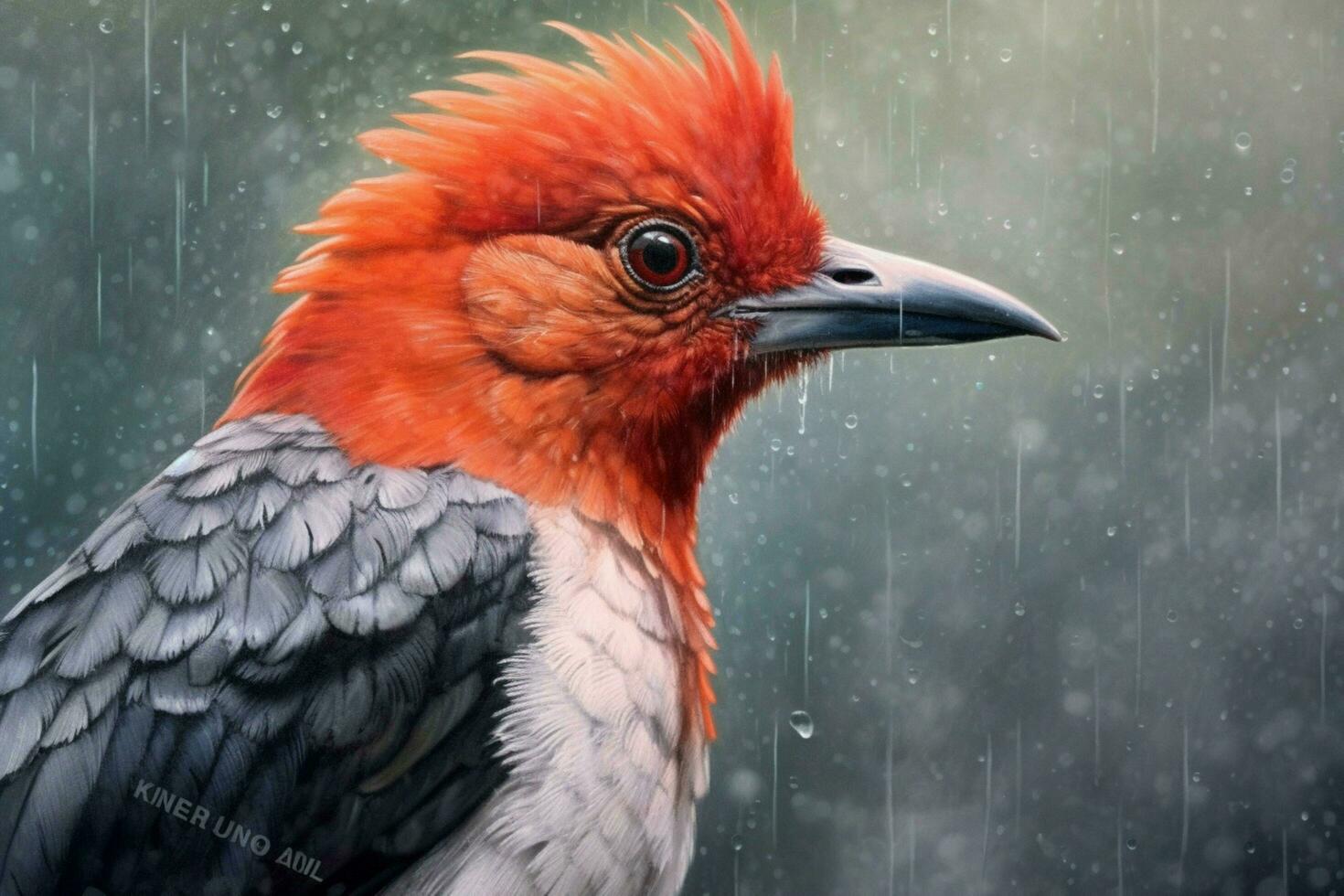 a painting of a bird with a red head and black ey photo