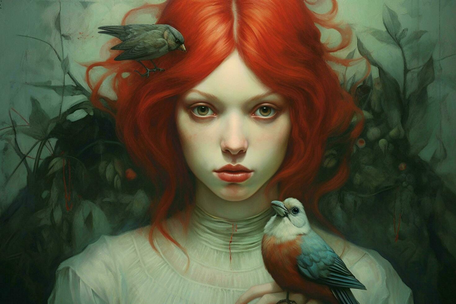 a painting of a bird with a red head and black ey photo