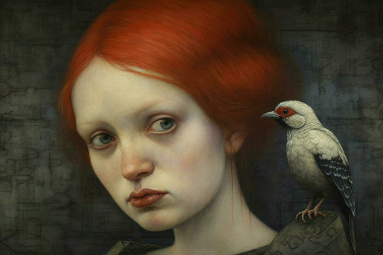 a painting of a bird with a red head and black ey photo