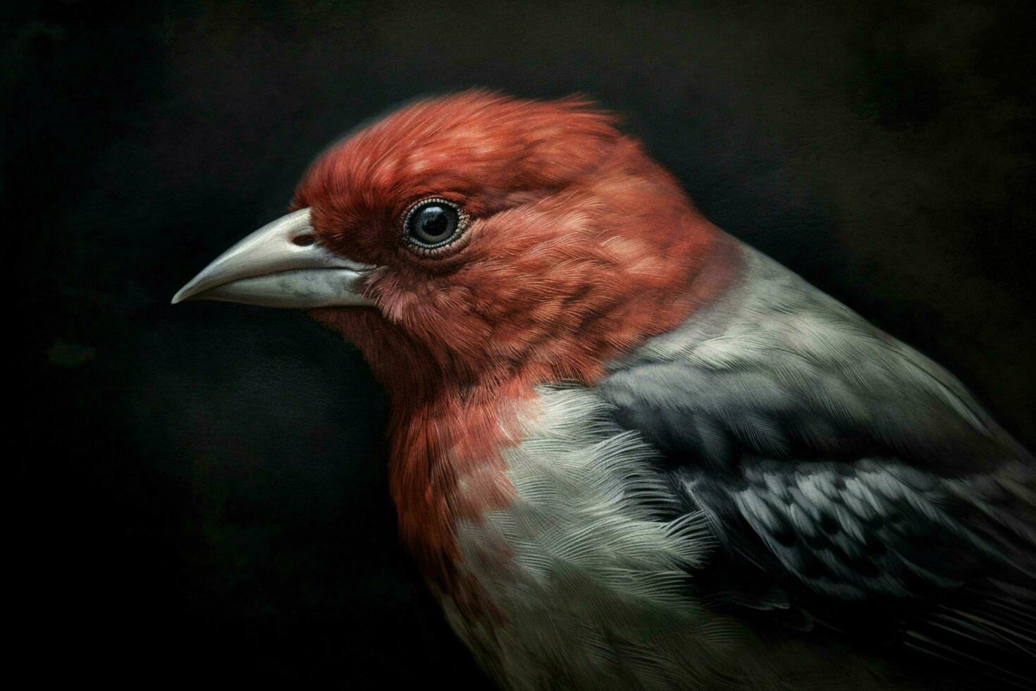 a painting of a bird with a red head and black ey photo