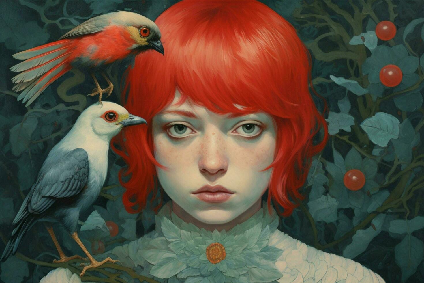 a painting of a bird with a red head and black ey photo