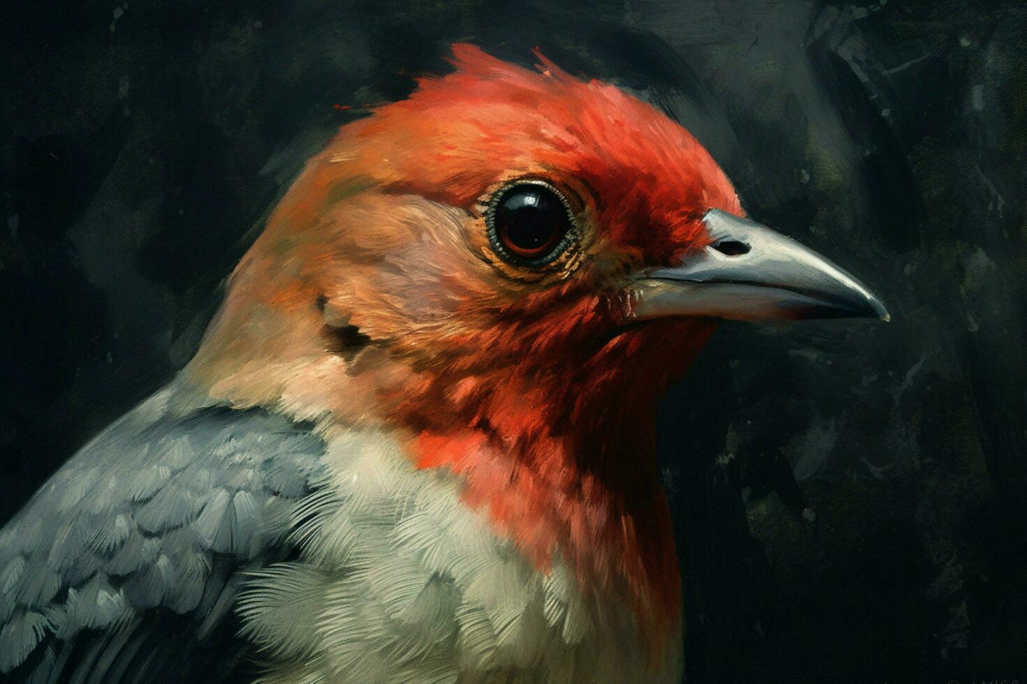 a painting of a bird with a red head and black ey photo