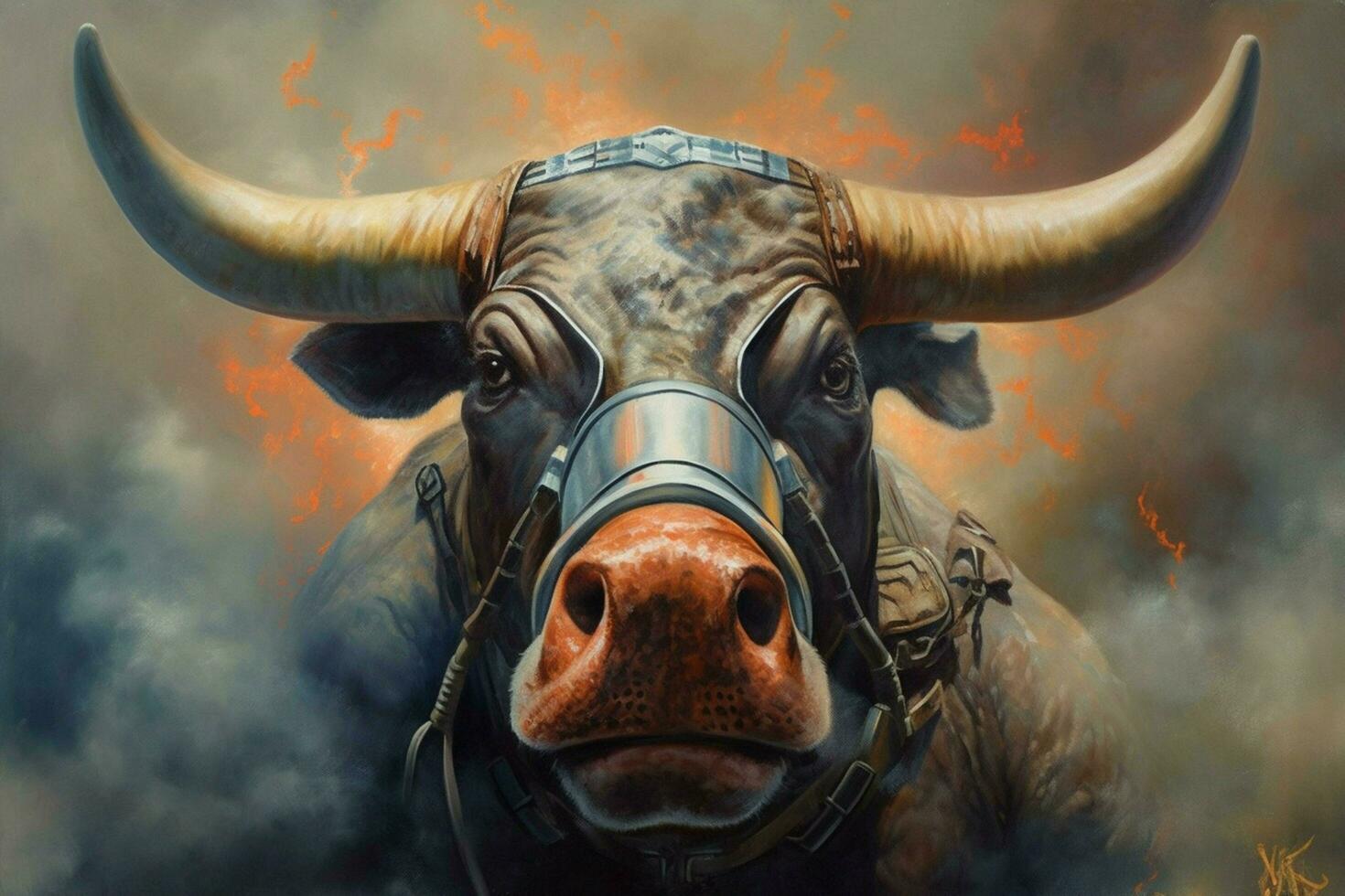 a painting of a bull with a gas mask on it photo