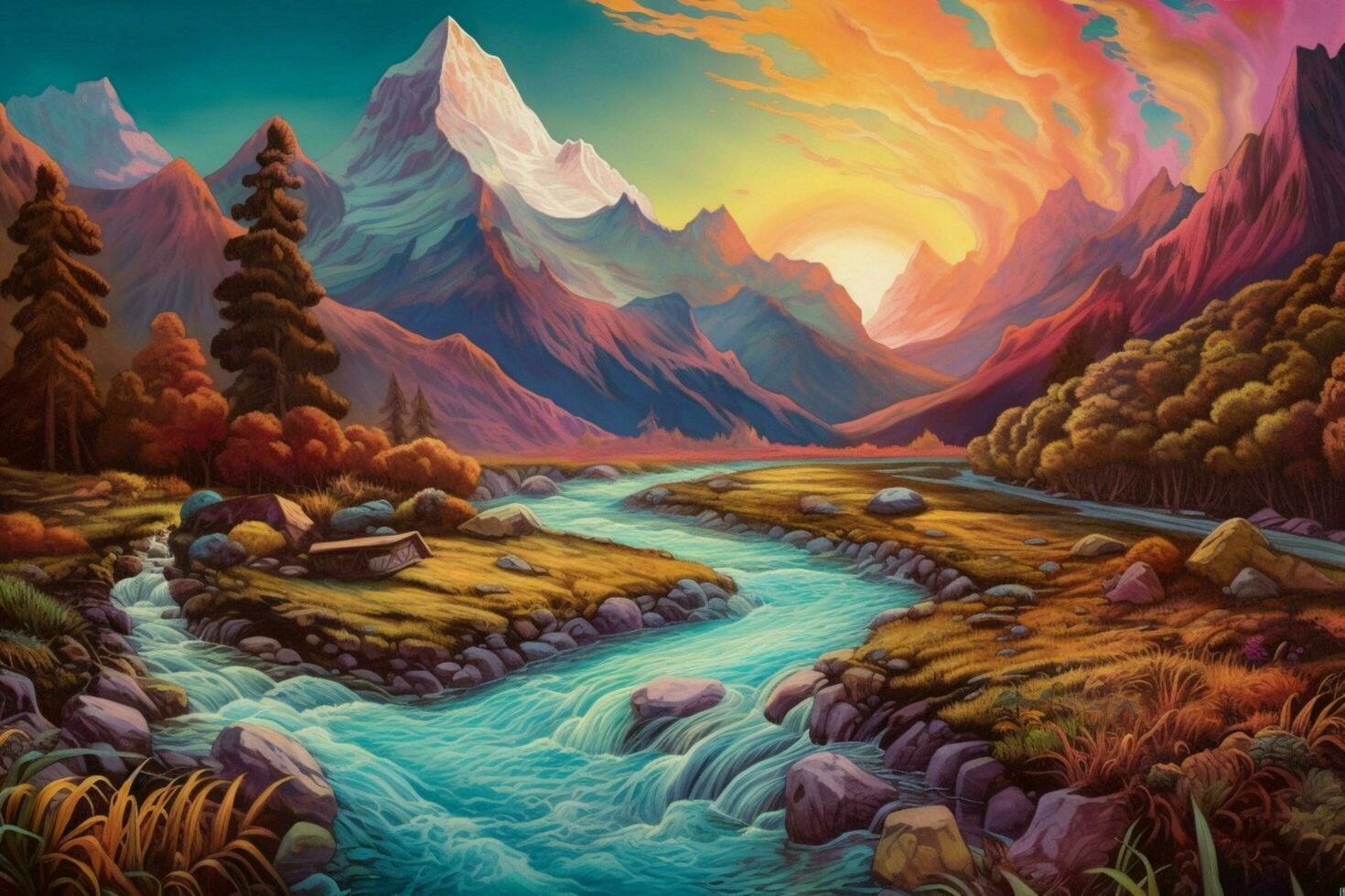 a painting of a mountain landscape with a river flo photo