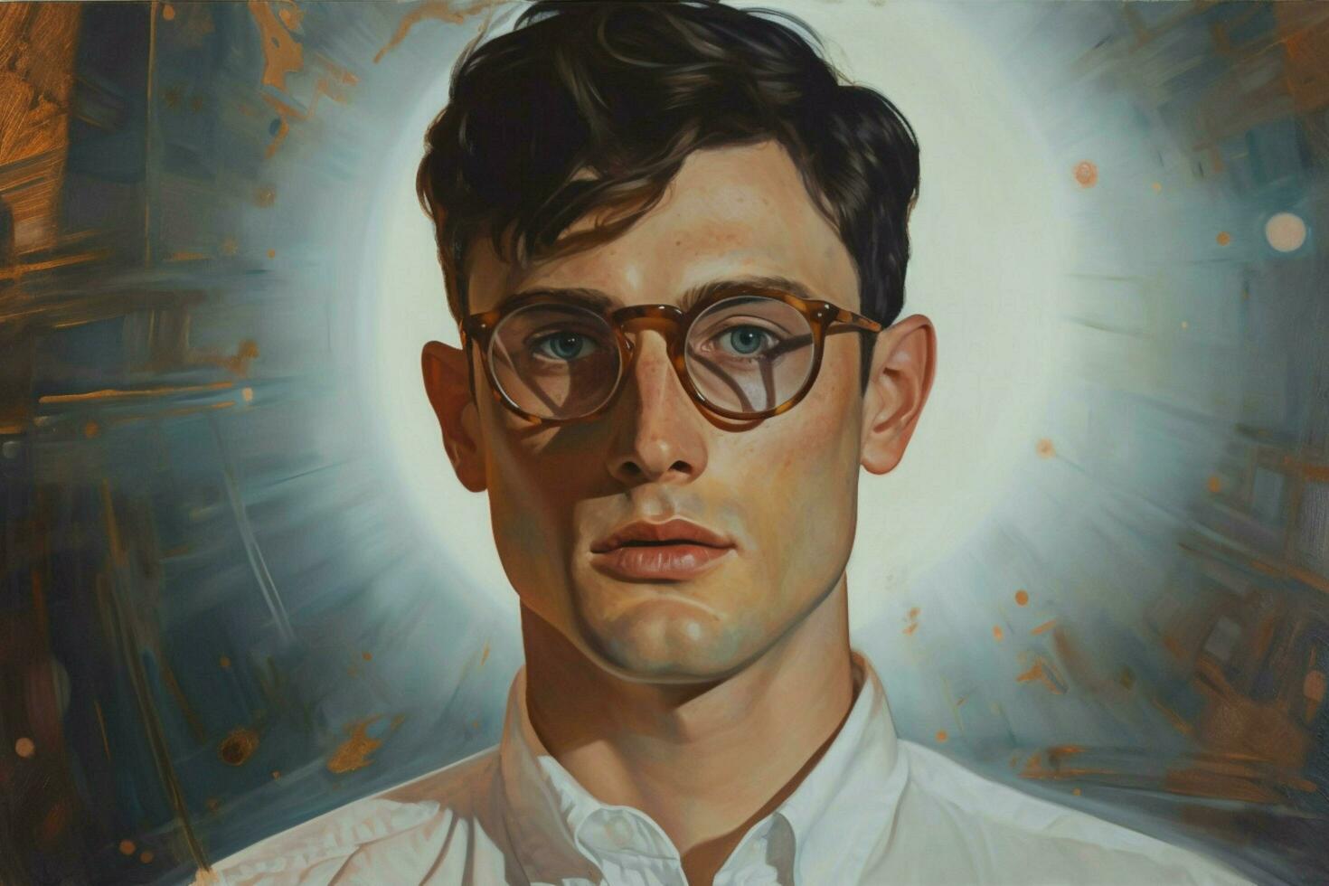 a painting of a man with glasses and a white shir photo