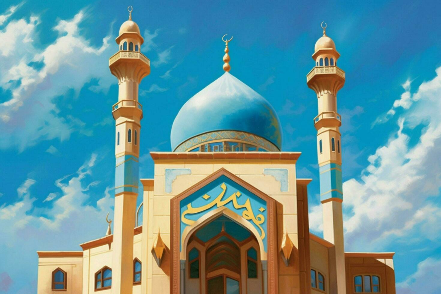 a painting of a mosque with a blue background and photo