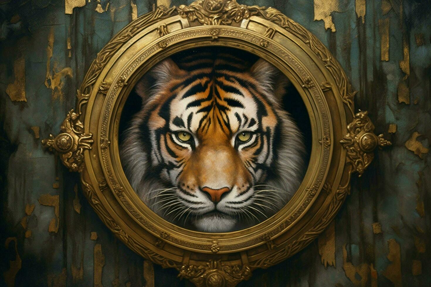 a painting of a tiger with a gold frame in the cent photo