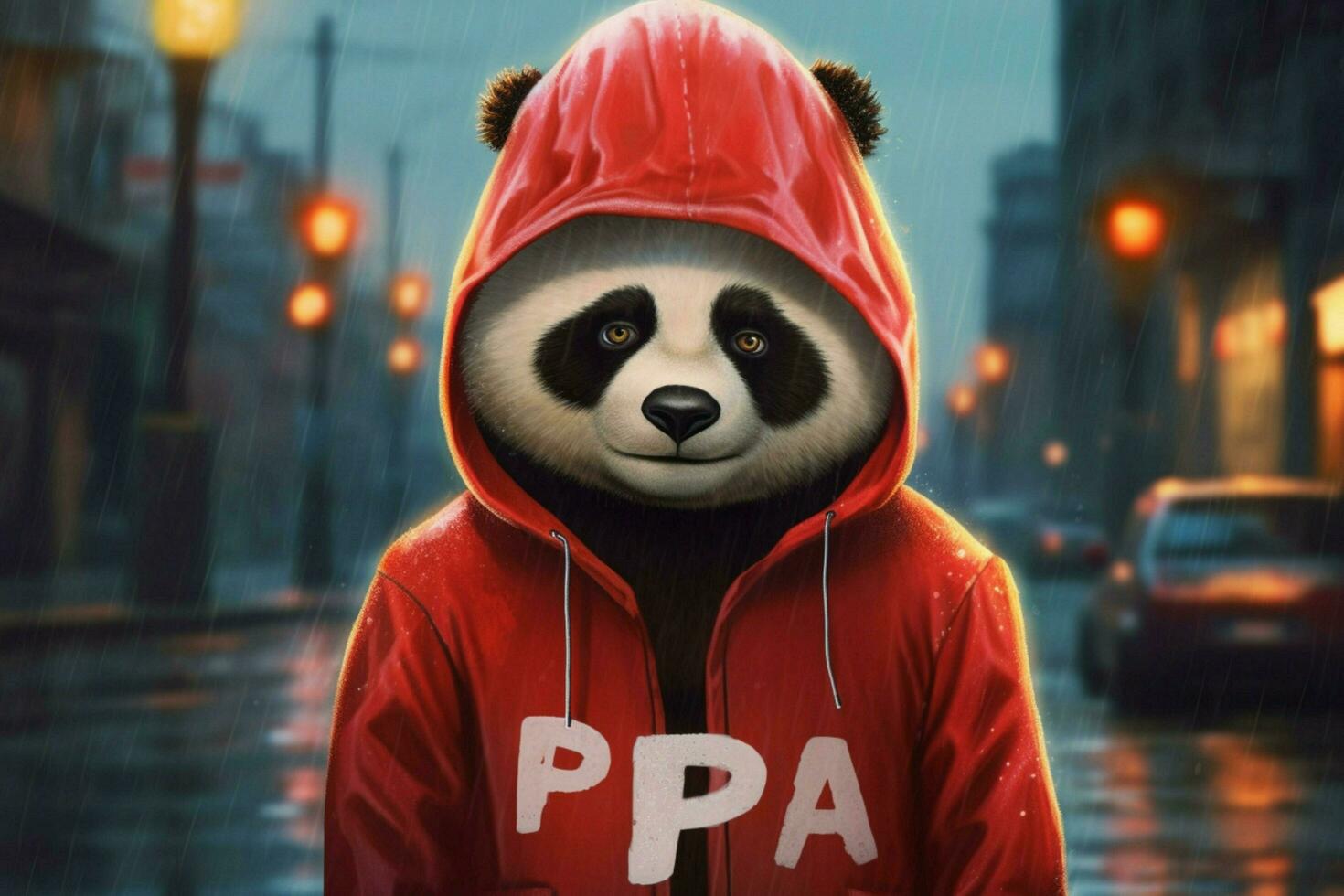 a panda with a red jacket and a hoodie that saysp photo