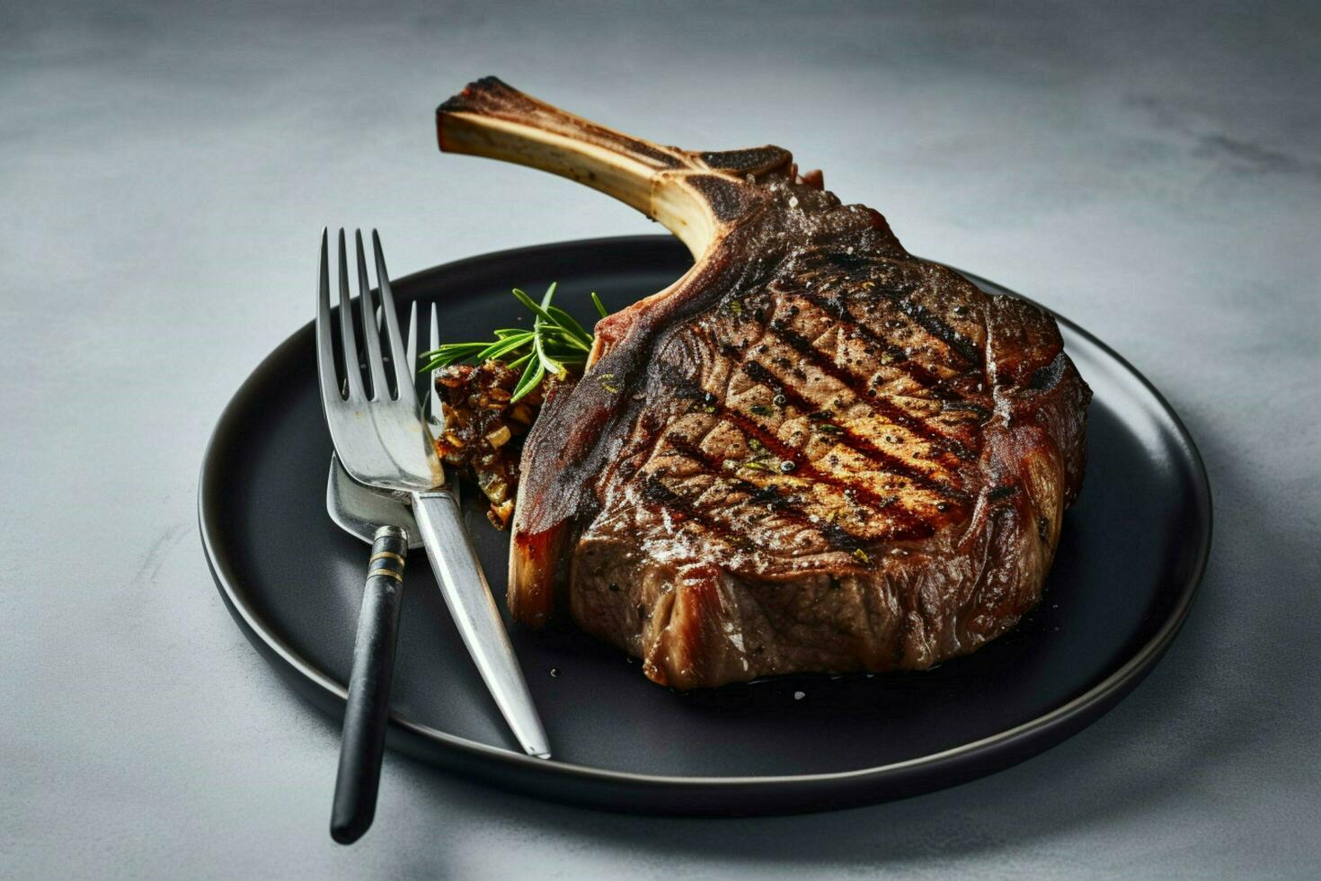 a perfectly grilled tomahawk steak sitting on a pla photo